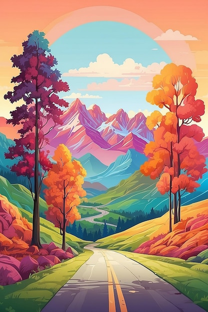 Uma ilustração colorida de uma estrada de campo com árvores e montanhas ao fundo