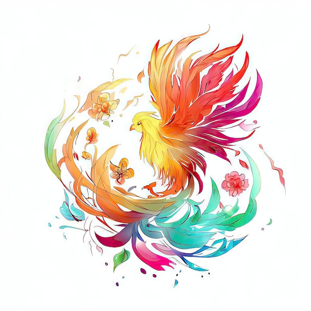 Uma ilustração colorida de uma fênix com flores e um pássaro.