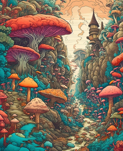 Uma ilustração colorida de uma floresta com um castelo ao fundo.