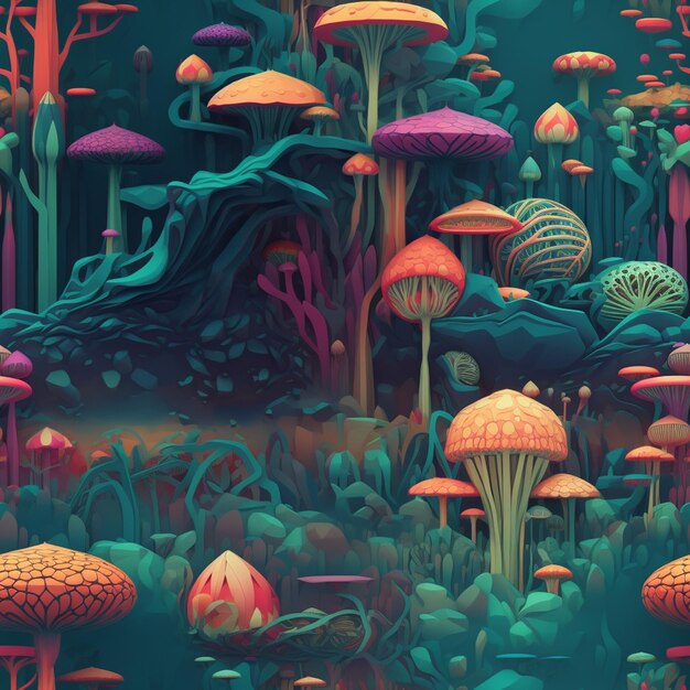 Uma ilustração colorida de uma floresta com um tronco de árvore e cogumelos.