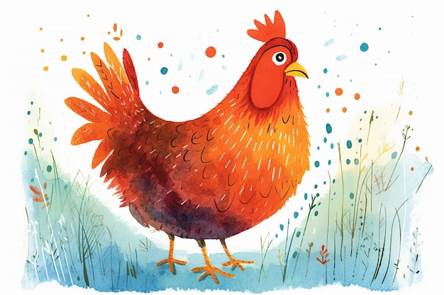 Uma ilustração colorida de uma galinha com uma cauda vermelha e uma cauda amarela.