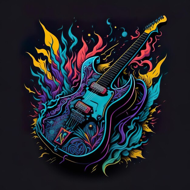 Uma ilustração colorida de uma guitarra com uma caveira.