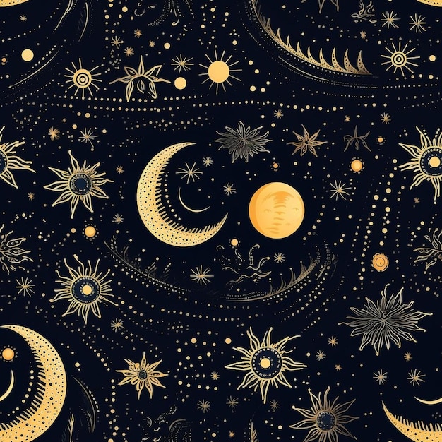 Uma ilustração colorida de uma lua e estrelas com a lua e as estrelas.