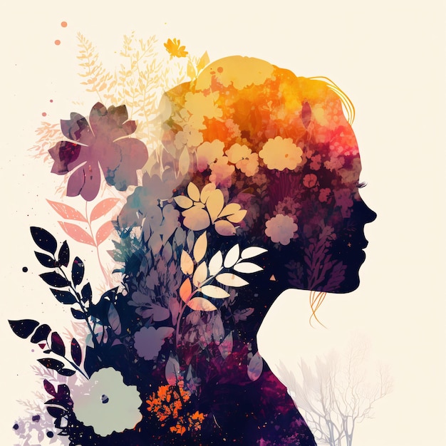 Uma ilustração colorida de uma menina com flores no cabelo efeito de dupla exposição