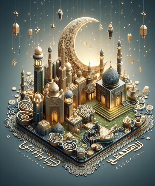 uma ilustração colorida de uma mesquita com as palavras feliz aniversário na parte inferior
