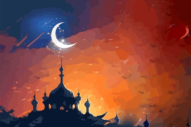 Uma ilustração colorida de uma mesquita com uma lua crescente e uma lua crescente no fundo.