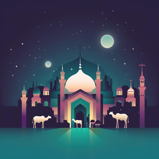 Uma ilustração colorida de uma mesquita com uma lua e estrelas