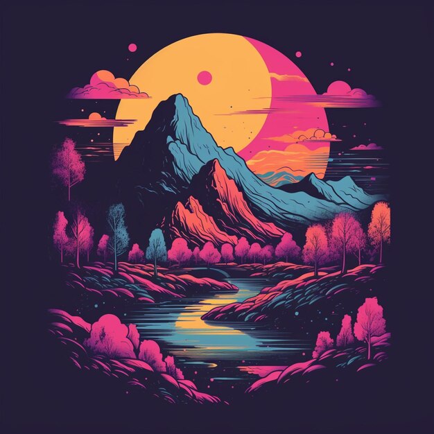 Uma ilustração colorida de uma montanha com um lago e árvores generativas ai