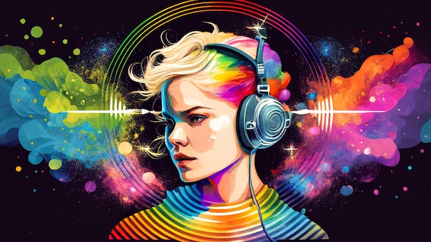 Uma ilustração colorida de uma mulher com fones de ouvido.