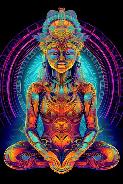 Uma ilustração colorida de uma mulher meditando.