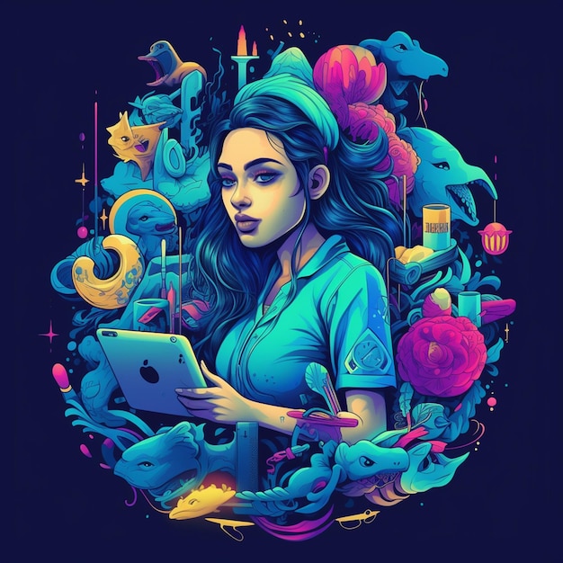 Foto uma ilustração colorida de uma mulher segurando um ipad.