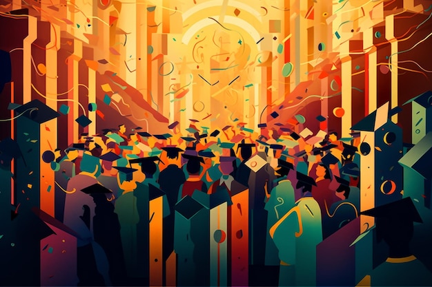 Uma ilustração colorida de uma multidão de pessoas em uma igreja.