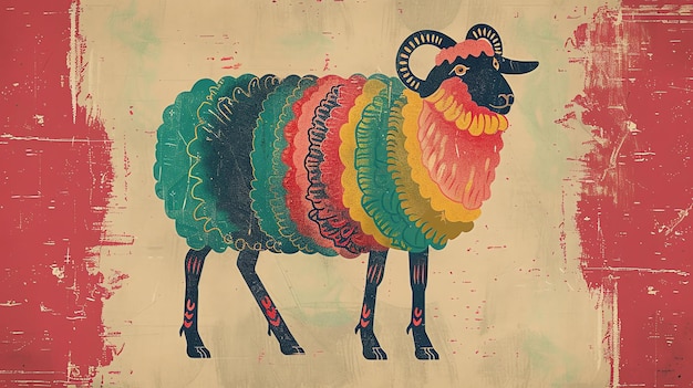 Uma ilustração colorida de uma ovelha com cabeça preta e lã multicolorida