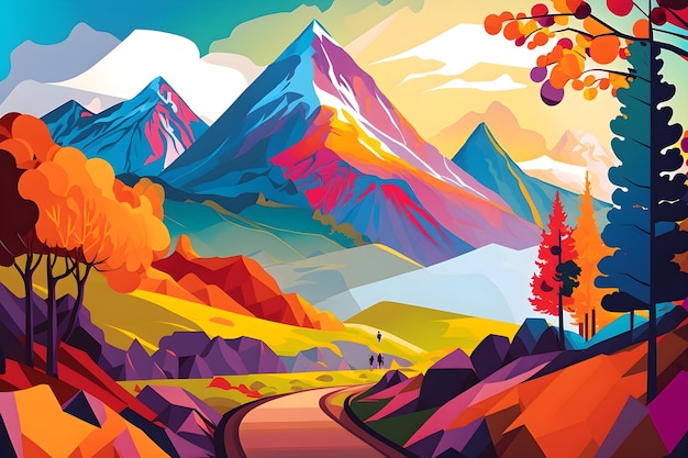 Uma ilustração colorida de uma paisagem montanhosa com um casal andando sobre ela.