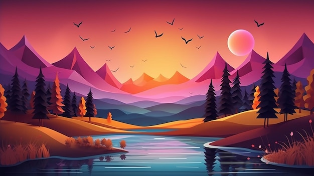 Uma ilustração colorida de uma paisagem montanhosa com um lago e montanhas ao fundo.