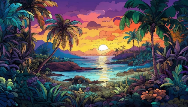 Uma ilustração colorida de uma paisagem tropical com palmeiras e montanhas ao fundo.