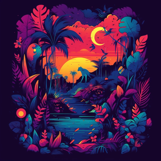 Uma ilustração colorida de uma paisagem tropical com palmeiras e um rio generativo ai