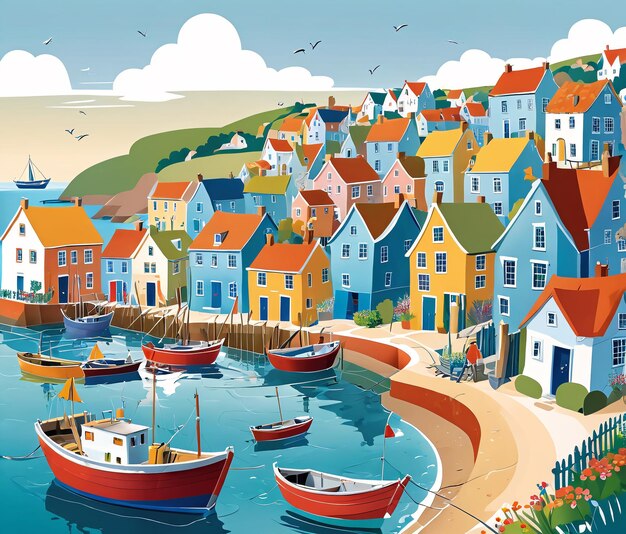uma ilustração colorida de uma pequena cidade com barcos no porto