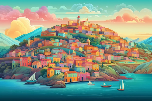 Uma ilustração colorida de uma pequena cidade em uma colina com um farol no topo.