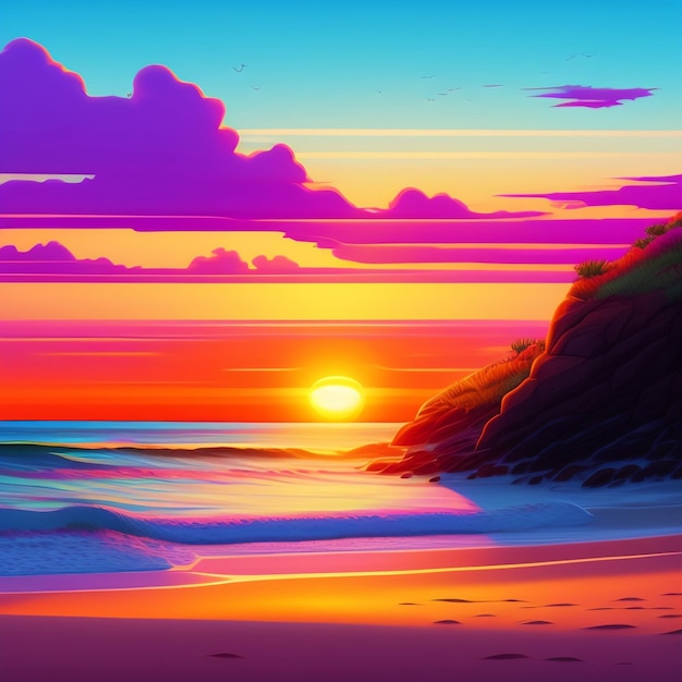 Uma ilustração colorida de uma praia com um pôr do sol e um penhasco ao fundo.