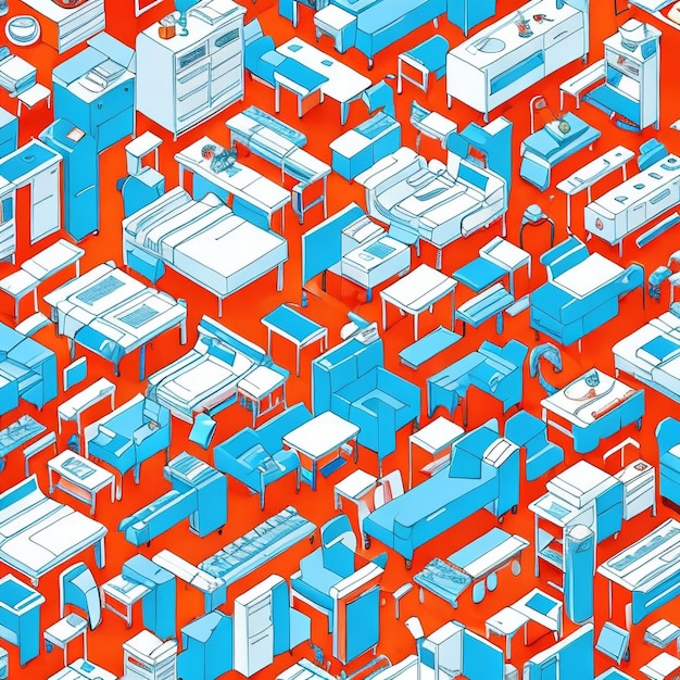Uma ilustração colorida de uma série de edifícios isométricos.