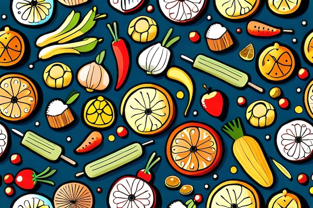 Uma ilustração colorida de várias frutas e legumes.