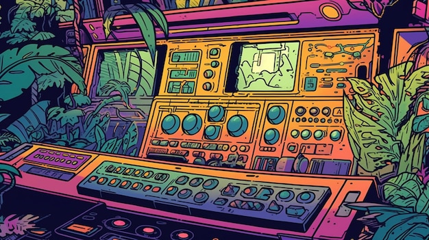 Uma ilustração colorida do equipamento de um DJ.