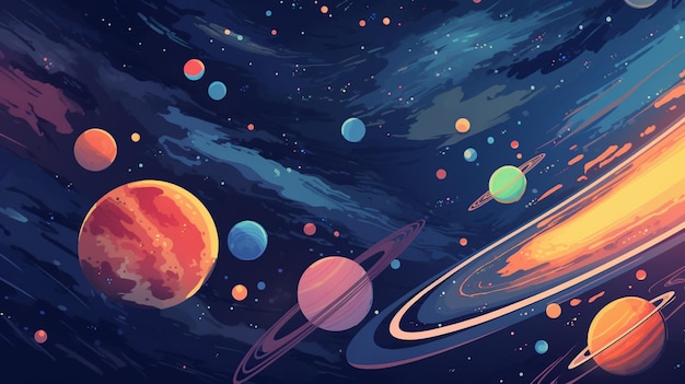 Uma ilustração colorida dos planetas e do universo.