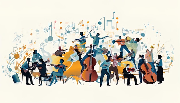 Uma ilustração com tema musical apresentando diversos trabalhadores se unindo para criar uma sinfonia de trabalho