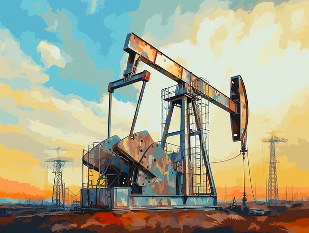 Uma ilustração com uma bomba de óleo pintada nas cores do pôr-do-sol