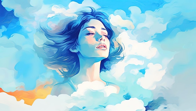 uma ilustração com uma visão colorida nuvens e céu azul no estilo de retratos psicológicos
