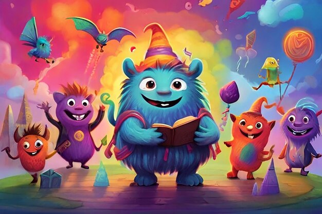 Uma ilustração comovente e vibrante de um grupo diversificado de monstros mágicos adoráveis que frequentam uma escola caprichosa