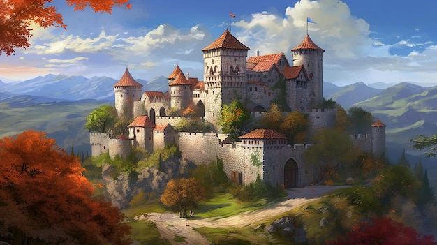 Uma ilustração da paisagem da fantasia medieval Generative AI