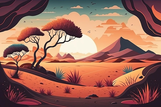 Uma ilustração das dunas no deserto ao pôr do sol