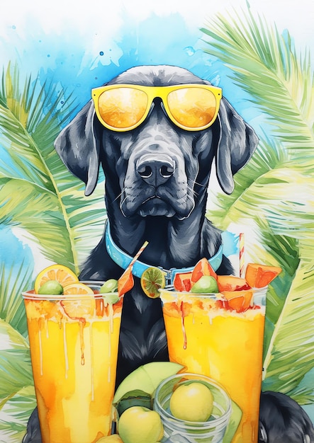 Uma ilustração de aquarela de raça de cachorro de vibrações de verão