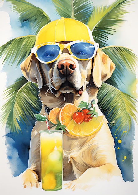 Uma ilustração de aquarela de raça de cachorro de vibrações de verão