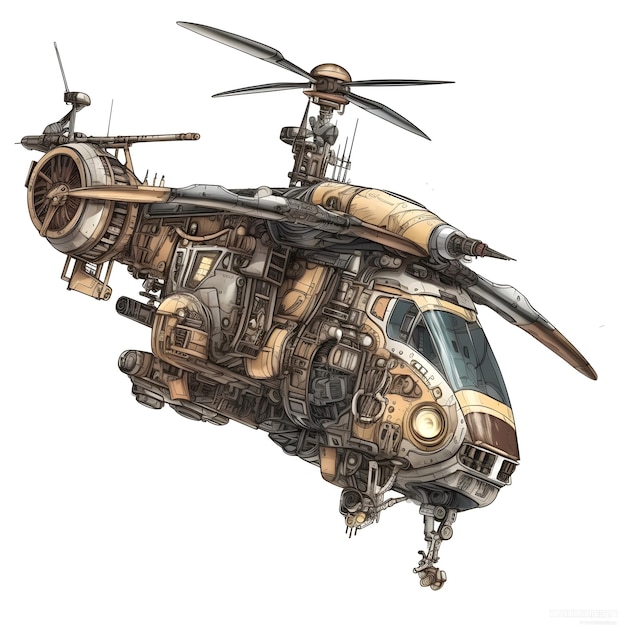 Uma ilustração de arte conceitual de helicóptero steampunk