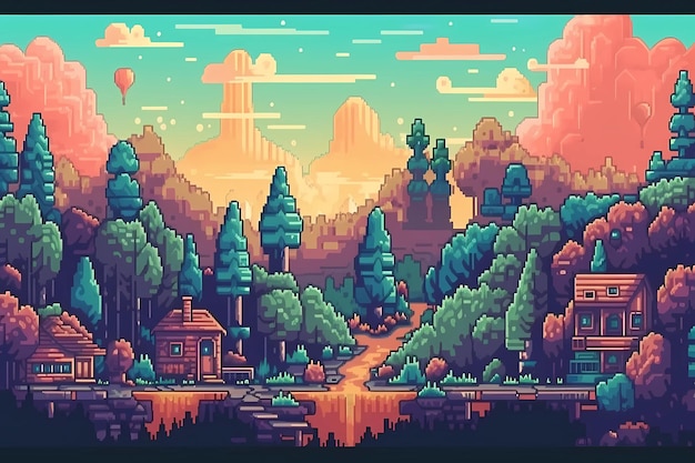 Uma ilustração de arte digital de pixel art retrô da floresta