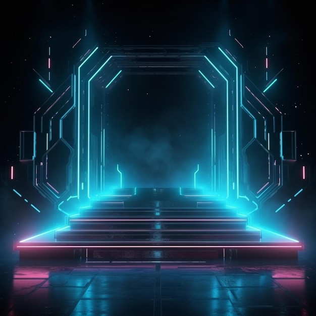 Uma ilustração de arte digital de um conjunto de escadas com luzes neon e as palavras 'neon'