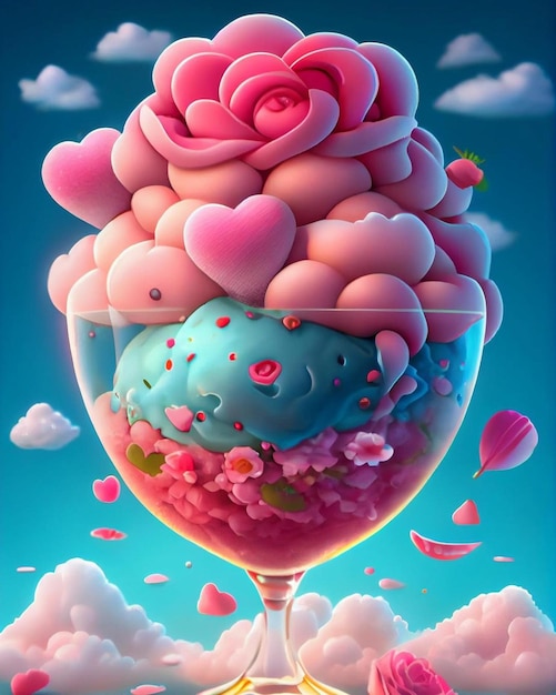 Uma ilustração de arte digital de um grande sorvete com corações rosa nele.