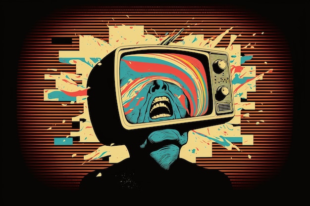 Foto uma ilustração de arte digital de um homem com uma tela de tv na frente dela.