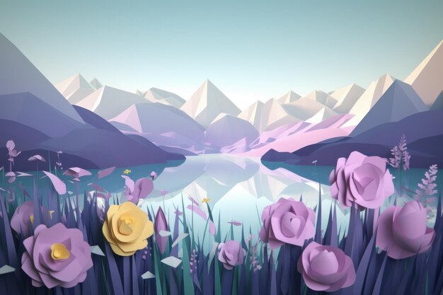 Uma ilustração de arte digital de um lago com flores e montanhas ao fundo.