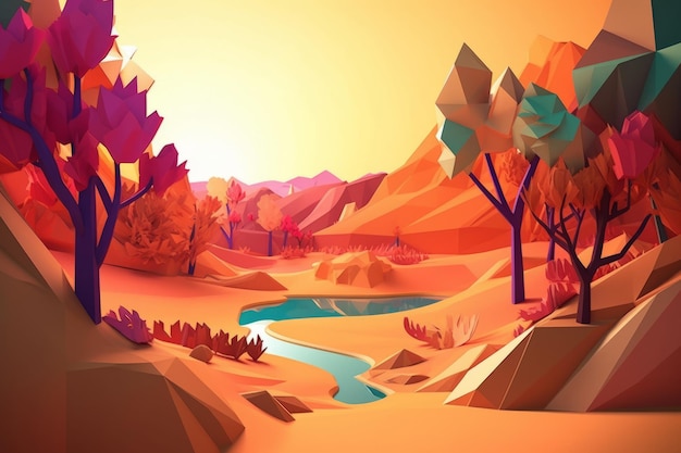 Uma ilustração de arte digital de um rio no deserto.