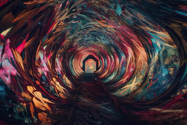 Uma ilustração de arte digital de um túnel com um fundo colorido.
