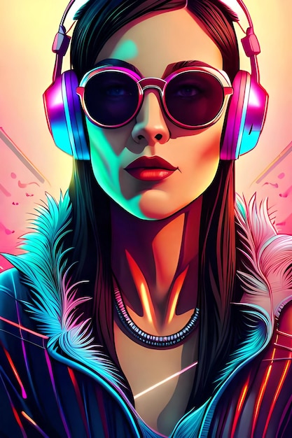 Uma ilustração de arte digital de uma mulher usando fones de ouvido.