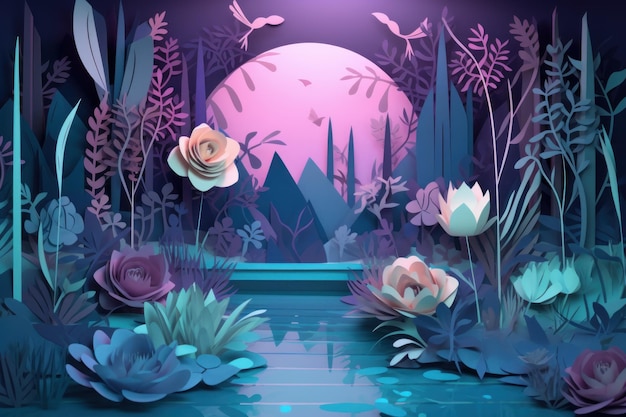 Uma ilustração de arte digital de uma paisagem com flores e um lago.