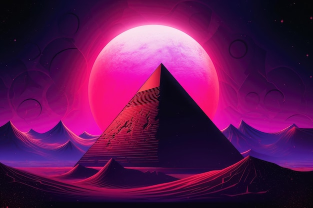 Uma ilustração de arte digital de uma pirâmide com um fundo rosa