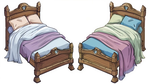 Uma ilustração de camas de madeira móveis vintage para dormir com colchão de linho colorido e almofadas em fundo branco