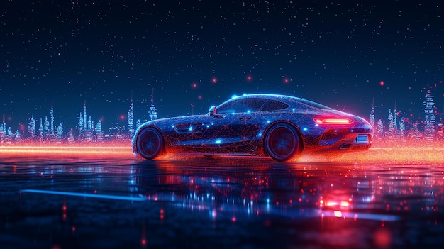 Uma ilustração de carro lowpoly de fio abstrato em uma paisagem urbana noturna com estrelas e faróis Transporte conceito de viagem rodoviária de veículo de condução rápida