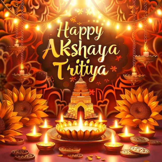 Foto uma ilustração de celebração para akshaya tritiya exibindo lanternas de palácio de ouro e girassóis em um fundo vibrante